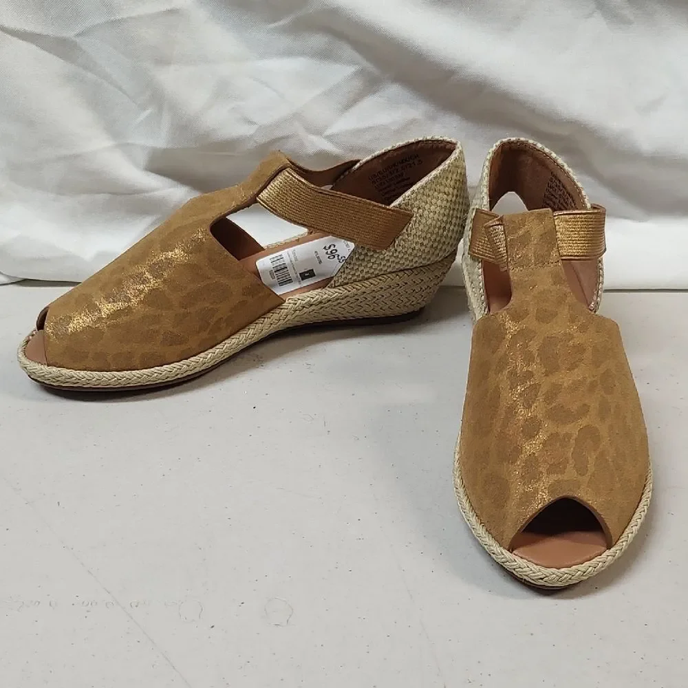 Gentle Souls By Kenneth Cole Size 5 Animal Print Gold Tan Espadrille Wedges New